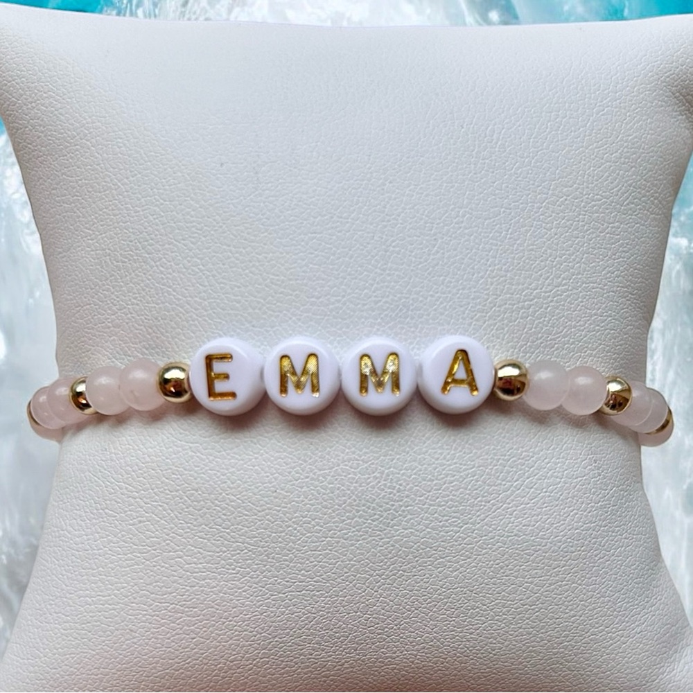 Bracelet name girl baby, pink rose quartz initials, gold beads letter initial